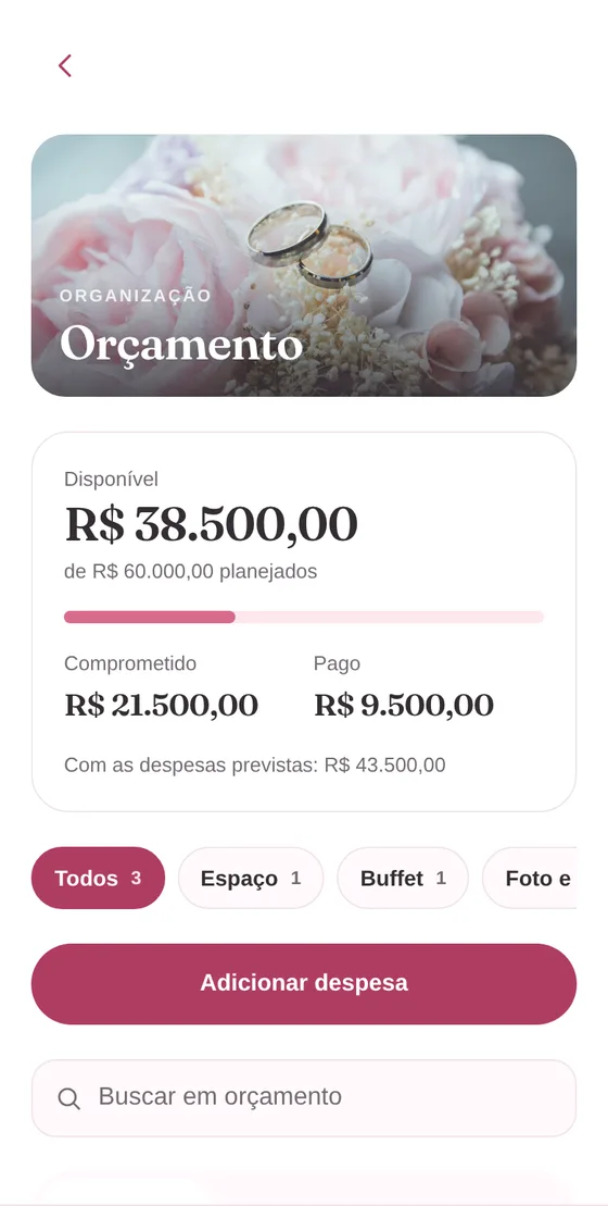 Tela Orçamento mostrando valor disponível, comprometido e pago