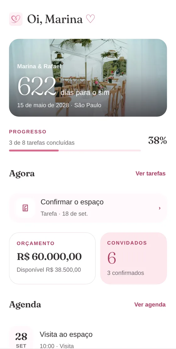 Tela inicial do Meu Sim com a contagem de dias para o casamento, o progresso das tarefas, a próxima prioridade, o orçamento e os convidados