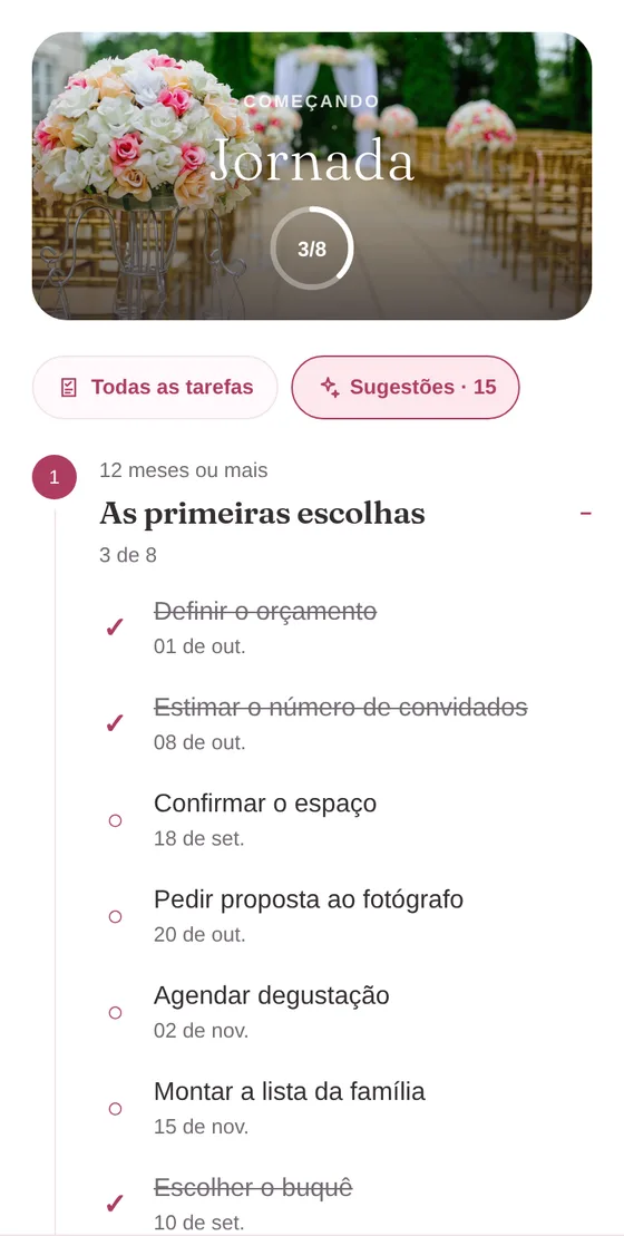 Tela Jornada com a primeira fase, As primeiras escolhas, e suas tarefas com prazo